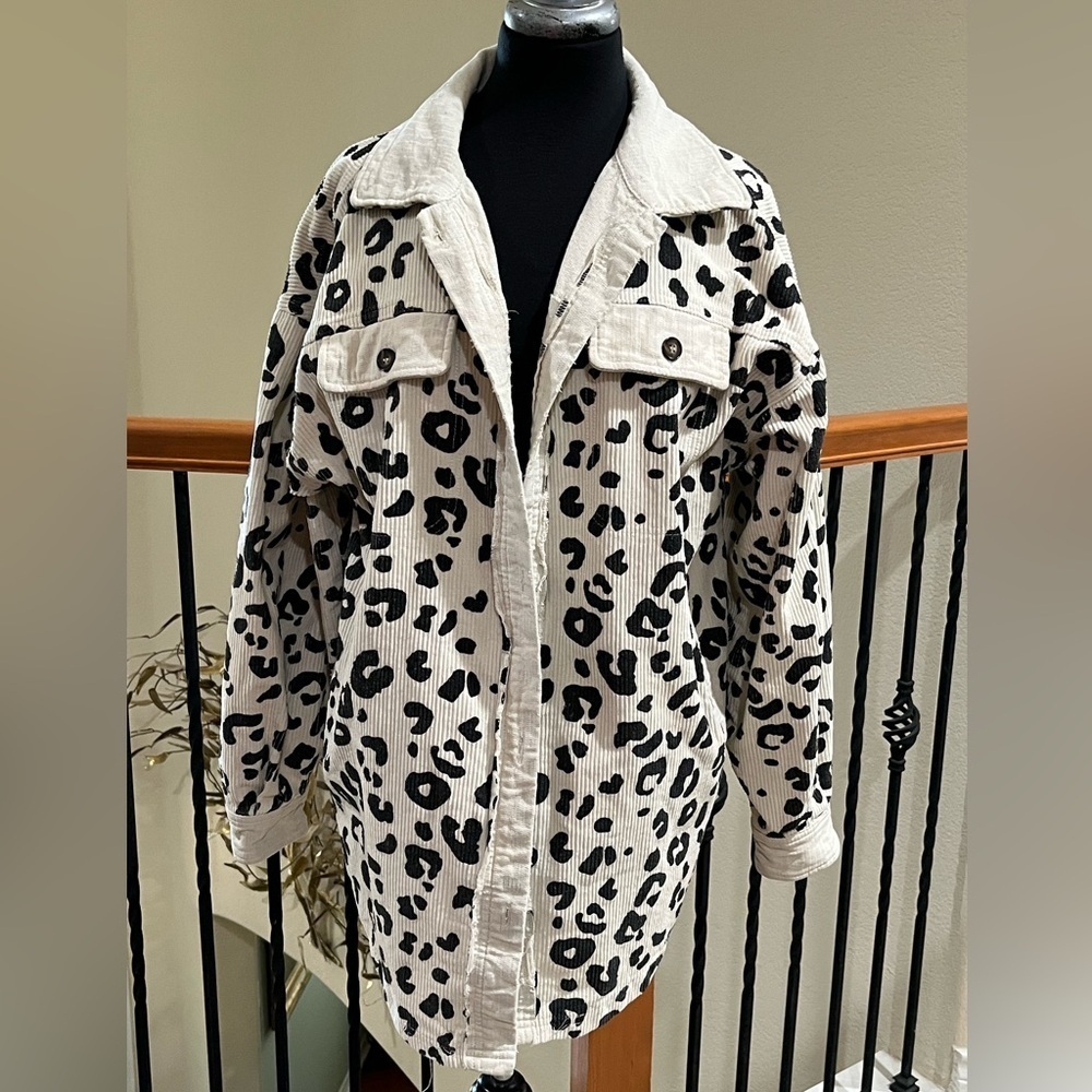 BiBi VINTAGE WASHED LEOPARD CORDUROY JACKET, SHACKET CREAM & BLACK, WOMEN SIZE L